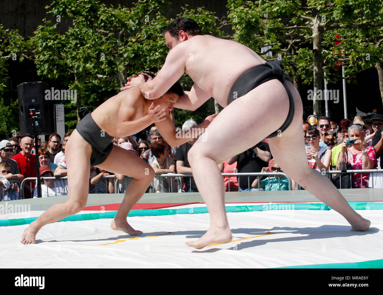 Düsseldorf, Deutschland, 26. Mai 2018, zwei Sumo Ringer präsentieren ihre Sport am 17. Japan Tag Festlichkeiten. Mit seinen 7000 Mitgliedern, Düsseldorf die Japanische Gemeinde ist der drittgrößte in Europa. Foto: Roland Weihrauch/dpa Stockfoto