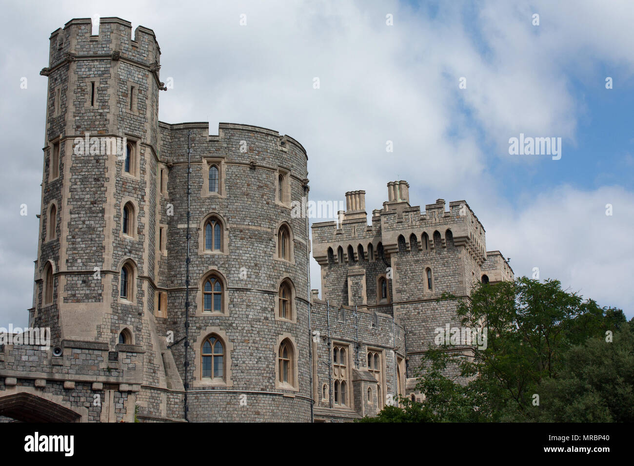 Außerhalb Türme von Windsor Castle, die Residenz der britischen königlichen Familie in England, Großbritannien. Stockfoto