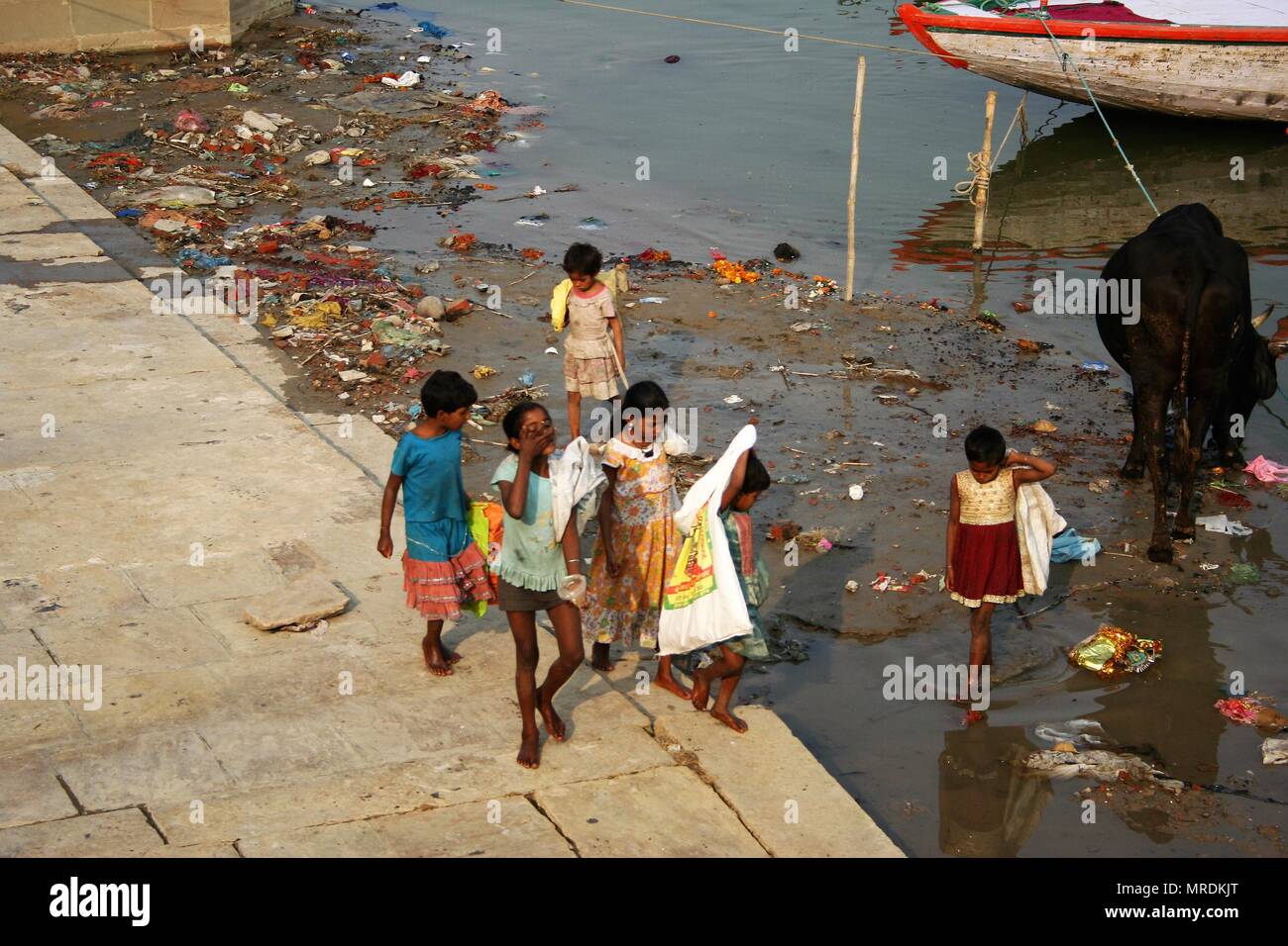 Indische Mädchen sammeln Müll aus dem Fluss Ganges, Varanasi, Indien Stockfoto