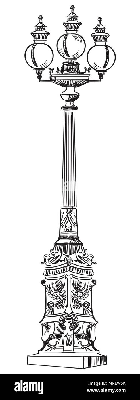 Handzeichnung alte Straßenlaterne Vektor monochromen Abbildung in schwarz auf weißem Hintergrund Stock Vektor