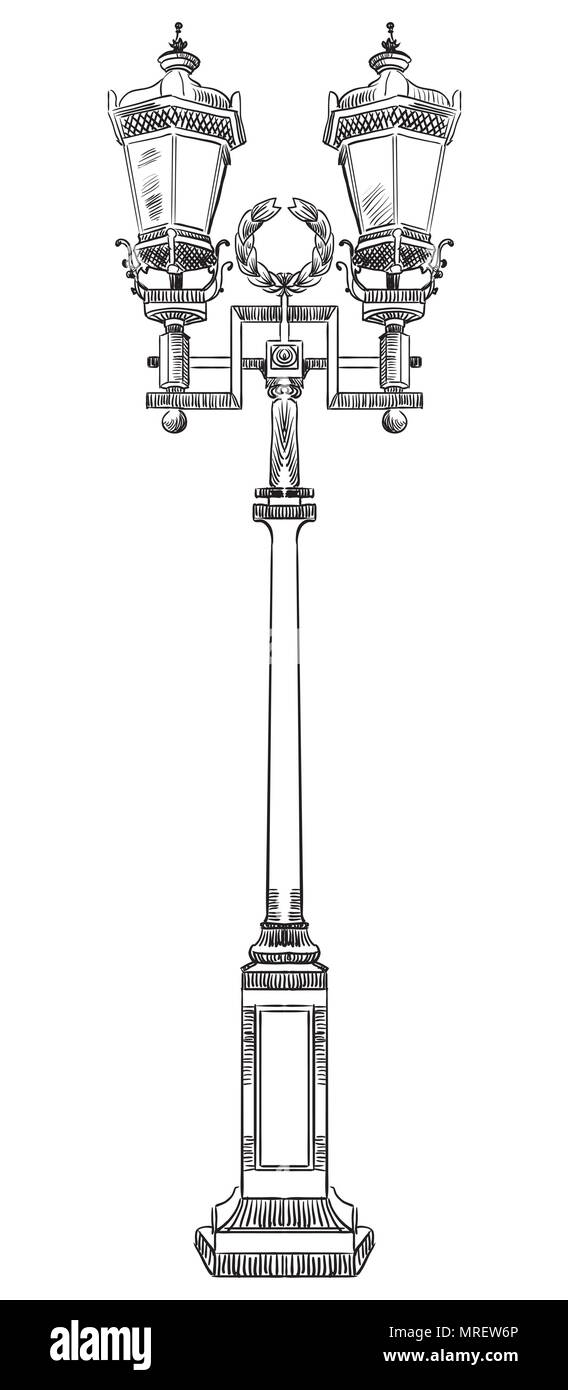 Handzeichnung alte Straßenlaterne Vektor monochromen Abbildung in schwarz auf weißem Hintergrund Stock Vektor