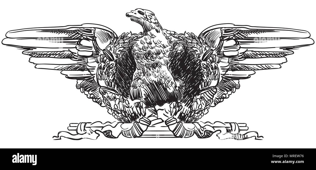Alte schnitzerei Vignette aus Italien. Bas Skulptur Adler, Vektor hand Zeichnung Illustration in schwarzer Farbe auf weißem Hintergrund Stock Vektor