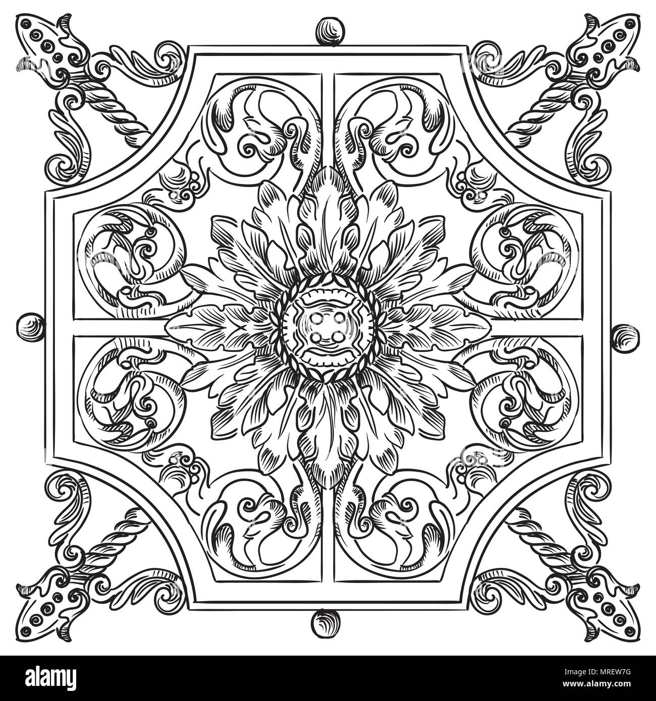 Alte Schnitzerei botanischen Vignette von der Moskauer Metro, Vektor hand Zeichnung Illustration in schwarzer Farbe auf weißem Hintergrund Stock Vektor