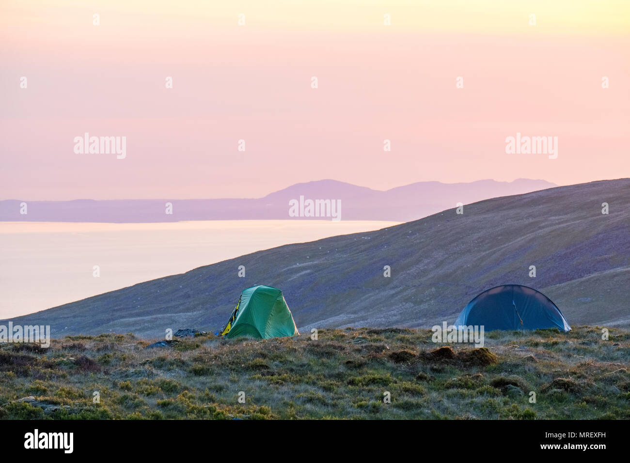 Zelt aufgeschlagen auf einem Welsh Mountain während einer wilden Campen in der rhinog Hügel Stockfoto