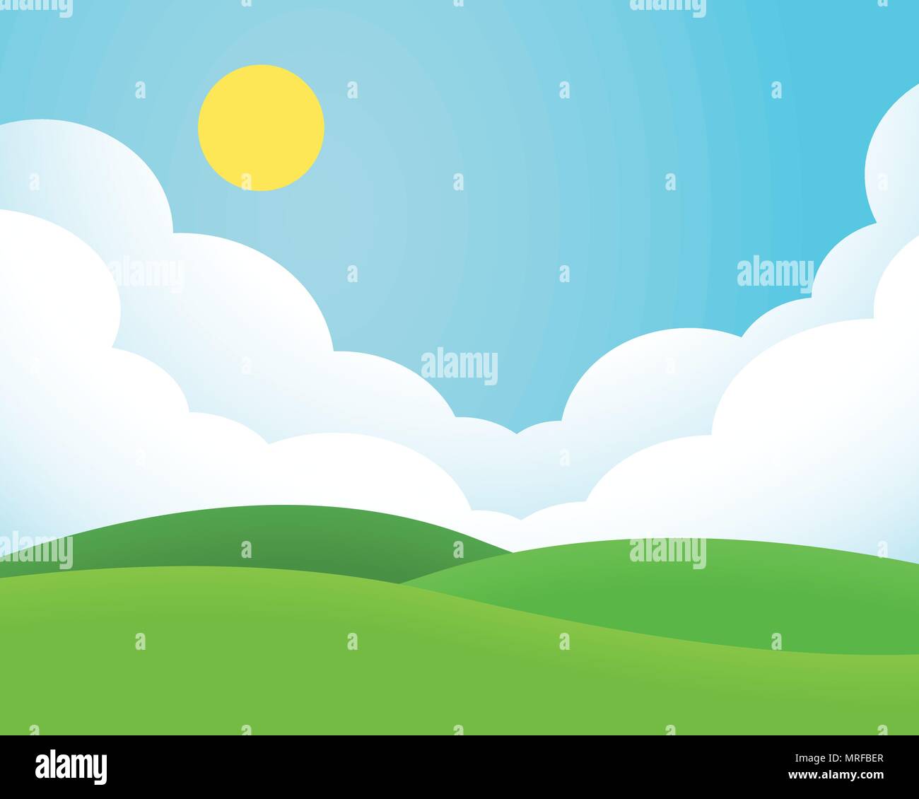 Flaches Design Abbildung: Landschaft mit Wiese und Hügel unter blauen Himmel mit Wolken und Sonne-Vektor Stock Vektor