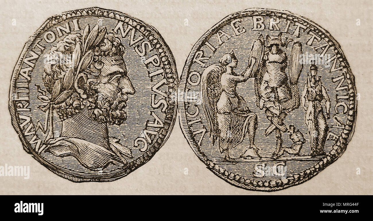 Bronze römische Münze des Kaisers Antoninus Pius (Titus Aelius Hadrianus Antoninus Augustus Pius 86-161 AD), seine Siege feiern in Großbritannien. Er war für den Bau des Antonine Wall zwischen England und Schottland zuständig ist Stockfoto