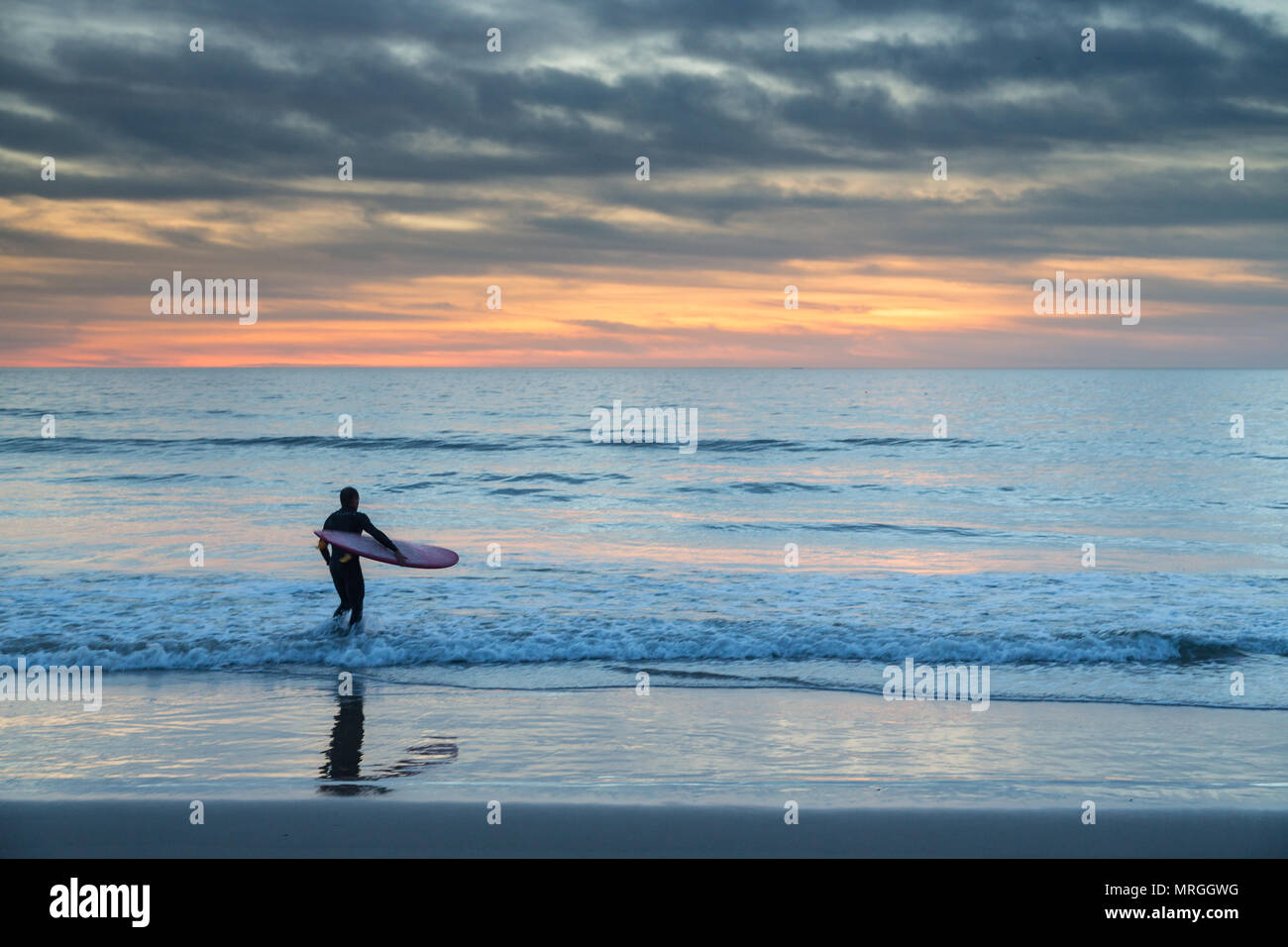 Ein Longboard Surfer Spaziergänge in den Ozean in Manhattan Beach, Kalifornien an einem bewölkten Tag, bereit, ein paar Wellen, bevor es dunkel wird. Stockfoto