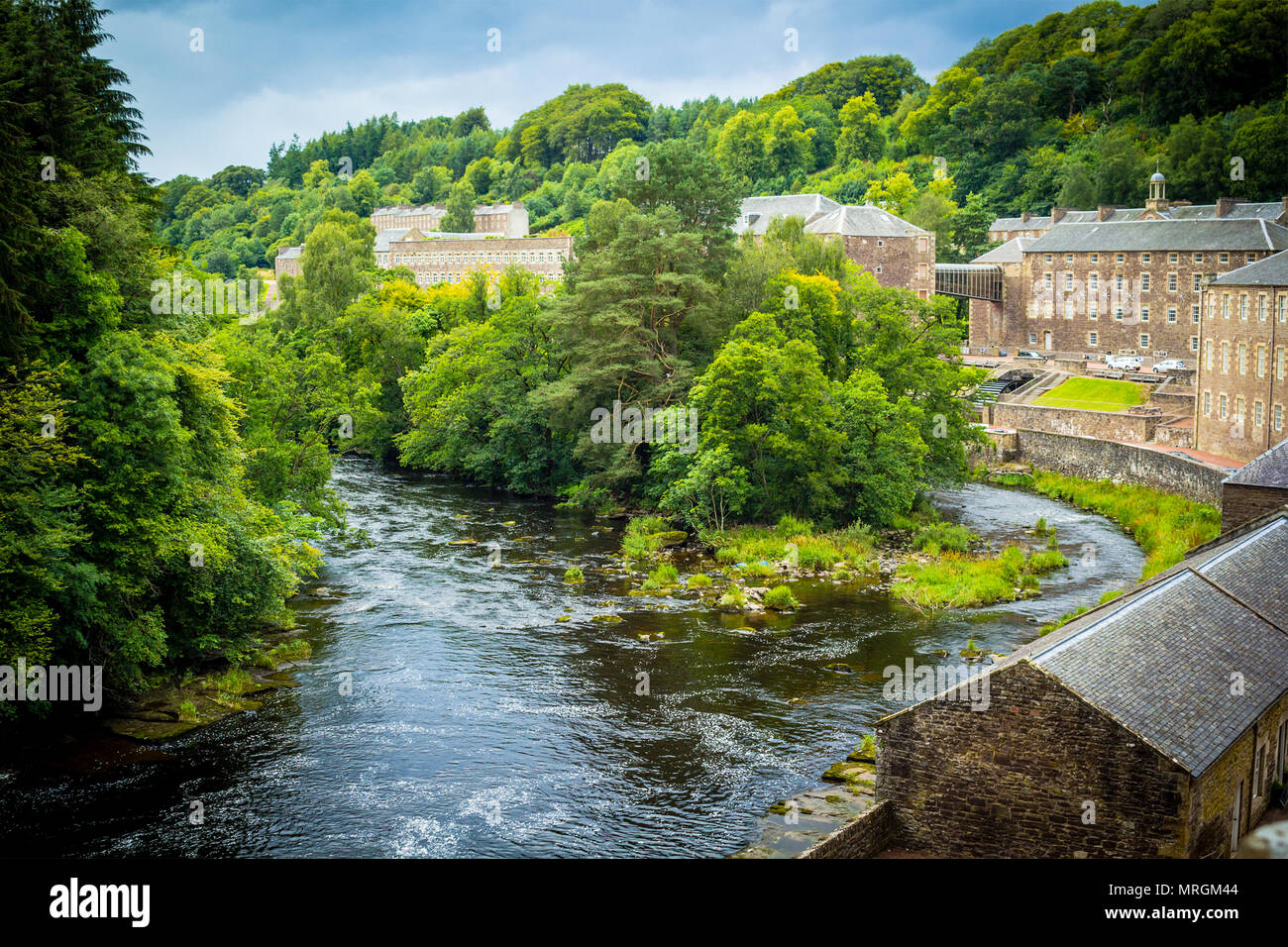 Blick auf New Lanark Weltkulturerbe, Ayrshire in Schottland, Vereinigtes Königreich Stockfoto