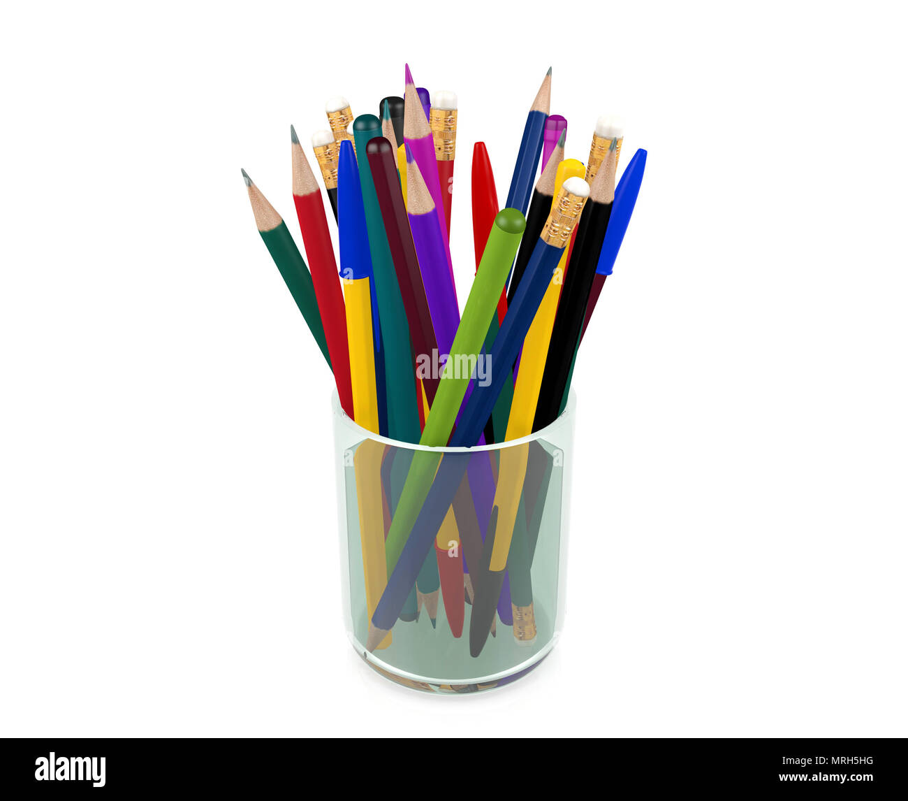 Gruppe von Kugelschreiber, Bleistifte, Buntstifte in transparentem Glas, Schreibwaren Elemente Stockfoto