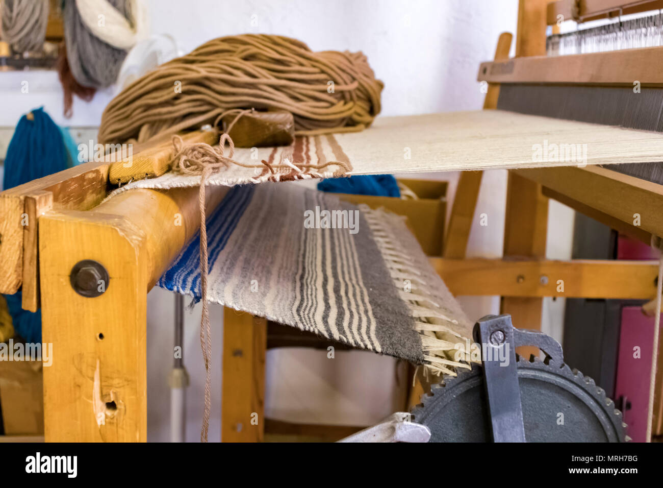 Loom verwendet für das Weben von Südwesten, Native American decken. Stadt Chimayó, entlang der Hohen Straße zwischen Santa Fe und Taos, New Mexico, USA. Stockfoto