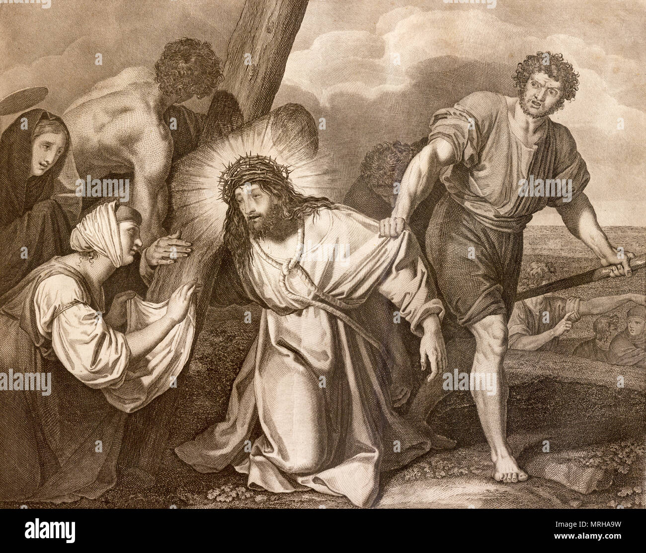 REGGIO EMILIA, Italien - 12. APRIL 2018: Die Lithographie Jesus ans Kreuz genagelt ist (Kreuzweg) in der Kirche Chiesa di Santo Stefano. Stockfoto