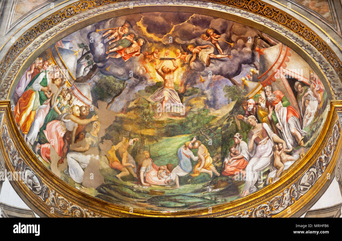 PARMA, Italien - 16. April 2018: Das Fresko Mose empfängt die Zehn Gebote auf zwei Tafeln aus Stein in der Apsis der Kathedrale von pomponio Allegri Stockfoto