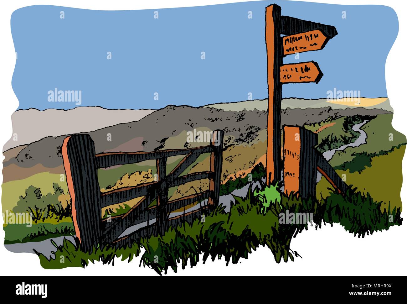 Schild und Tor auf der Pennine Way, Sutton Bank, North Yorkshire, England. Stock Vektor