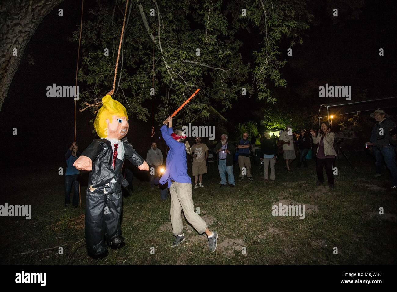 Der fotojournalist Luis Gutierrez de Norte Foto und Biologen aus den USA und Mexiko, mit einem Holzstab, ein Donald Trump piñata. Stockfoto