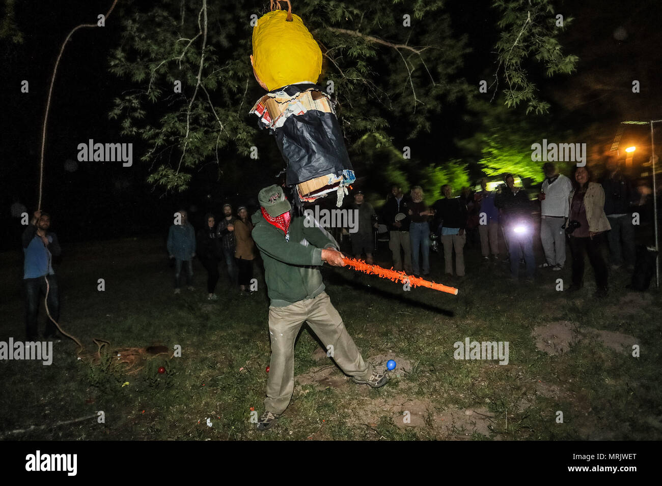 Der fotojournalist Luis Gutierrez de Norte Foto und Biologen aus den USA und Mexiko, mit einem Holzstab, ein Donald Trump piñata. Stockfoto