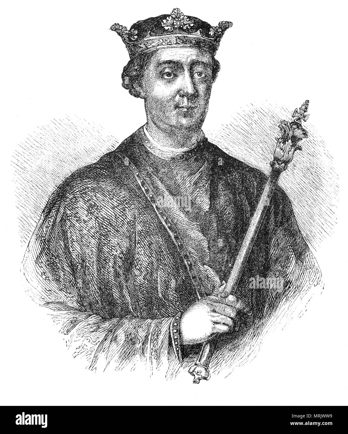 König Heinrich II. (1133 - 1189), alias Henry Plantagenet, regierten als Grafen von Anjou, Nantes und Maine, Herzog der Normandie und Bretagne, König von England und Lord von Irland. Henry war der Sohn von Gottfried von Anjou und Mathilde, Tochter Heinrichs I. von England. Er erbte Anjou im 1151 und kurz danach heiratete Eleonore von Aquitanien, deren Ehe mit Ludwig VII. von Frankreich vor Kurzem für nichtig erklärt worden war. Henry ererbt das Reich von König Stephen's Tod ein Jahr nach Stephen zu einem Friedensvertrag im Jahre 1153 vereinbart. Stockfoto