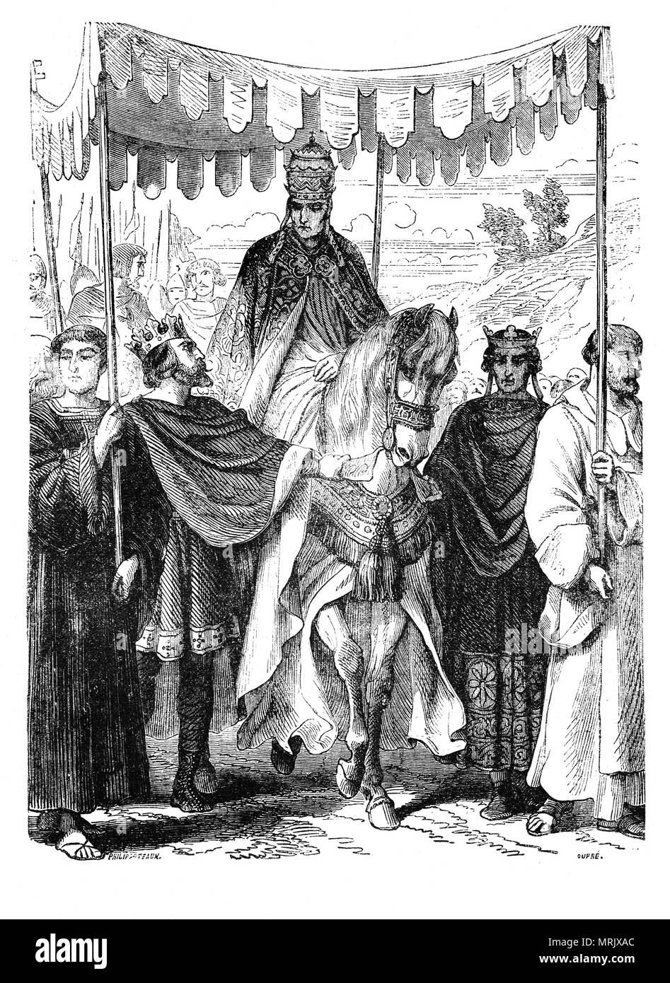 König Ludwig VII. von Frankreich und König Heinrich II. von England, die Autorität des Papstes Alexander III. Ihm Begleitung in Frankreich anerkannt. Am 7. September 1159, Papst Alexander III. war als Nachfolger von Papst Hadrian IV. gewählt Aber eine Spaltung aufgetreten, als eine Minderheit der Kardinäle, die Kardinal Priester Octavian, der den Namen von Victor IV übernommen und wurde der deutsche Kaiser Gegenpapst und er empfing die Zustimmung der meisten königreiche Europas gewählt. Stockfoto