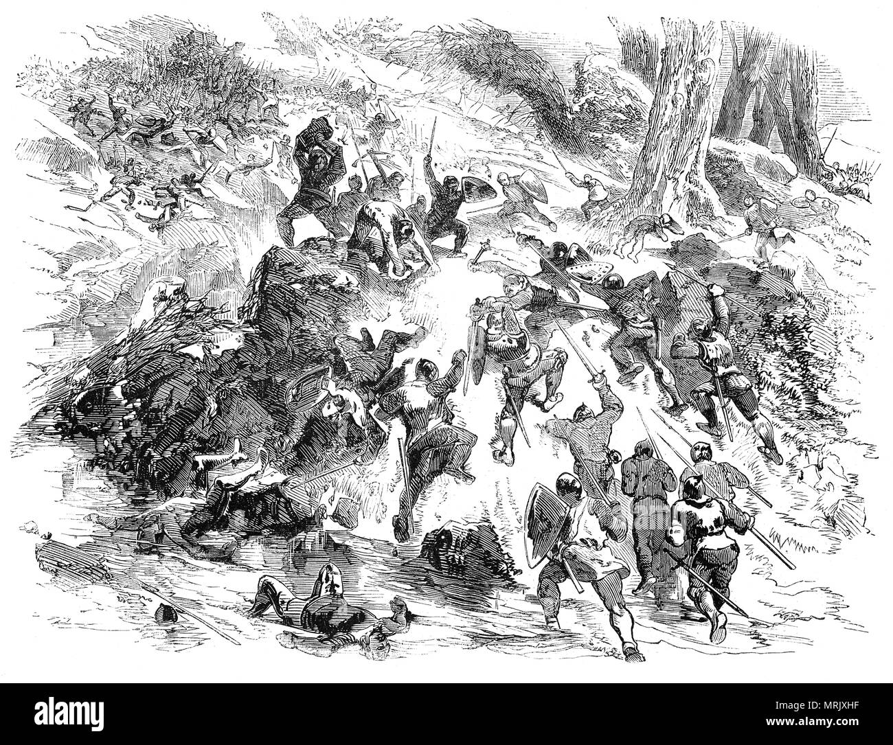 In 1164 alle die Waliser united mit Rhys ap Gruffydd in einem Aufstand gegen König Heinrich II. Fürsten nach der Ermordung seines Neffen, anarawd Einion ab, die der Kapitän war der Leibwache, auf Anregung von Roger de Clare, Graf von Hertford. Rhys erste appellierte an den König zu intervenieren; wenn diese fehlgeschlagen, marschierte Ceredigion und alles zurückerobert abgesehen von der Stadt und das Schloss von Cardigan. In 1165. Henry dringt in Wales wieder attackiert Gwynedd zuerst, aber statt den üblichen Invasion Route entlang der Nordküste, die er aus dem Süden angegriffen, nachdem eine Route über das berwyn Hügel. Stockfoto In 1164 alle die Waliser united mit Rhys ap Gruffydd in einem Aufstand gegen König Heinrich II. Fürsten nach der Ermordung seines Neffen, anarawd Einion ab, die der Kapitän war der Leibwache, auf Anregung von Roger de Clare, Graf von Hertford. Rhys erste appellierte an den König zu intervenieren; wenn diese fehlgeschlagen, marschierte Ceredigion und alles zurückerobert abgesehen von der Stadt und das Schloss von Cardigan. In 1165. Henry dringt in Wales wieder attackiert Gwynedd zuerst, aber statt den üblichen Invasion Route entlang der Nordküste, die er aus dem Süden angegriffen, nachdem eine Route über das berwyn Hügel. Stockfoto