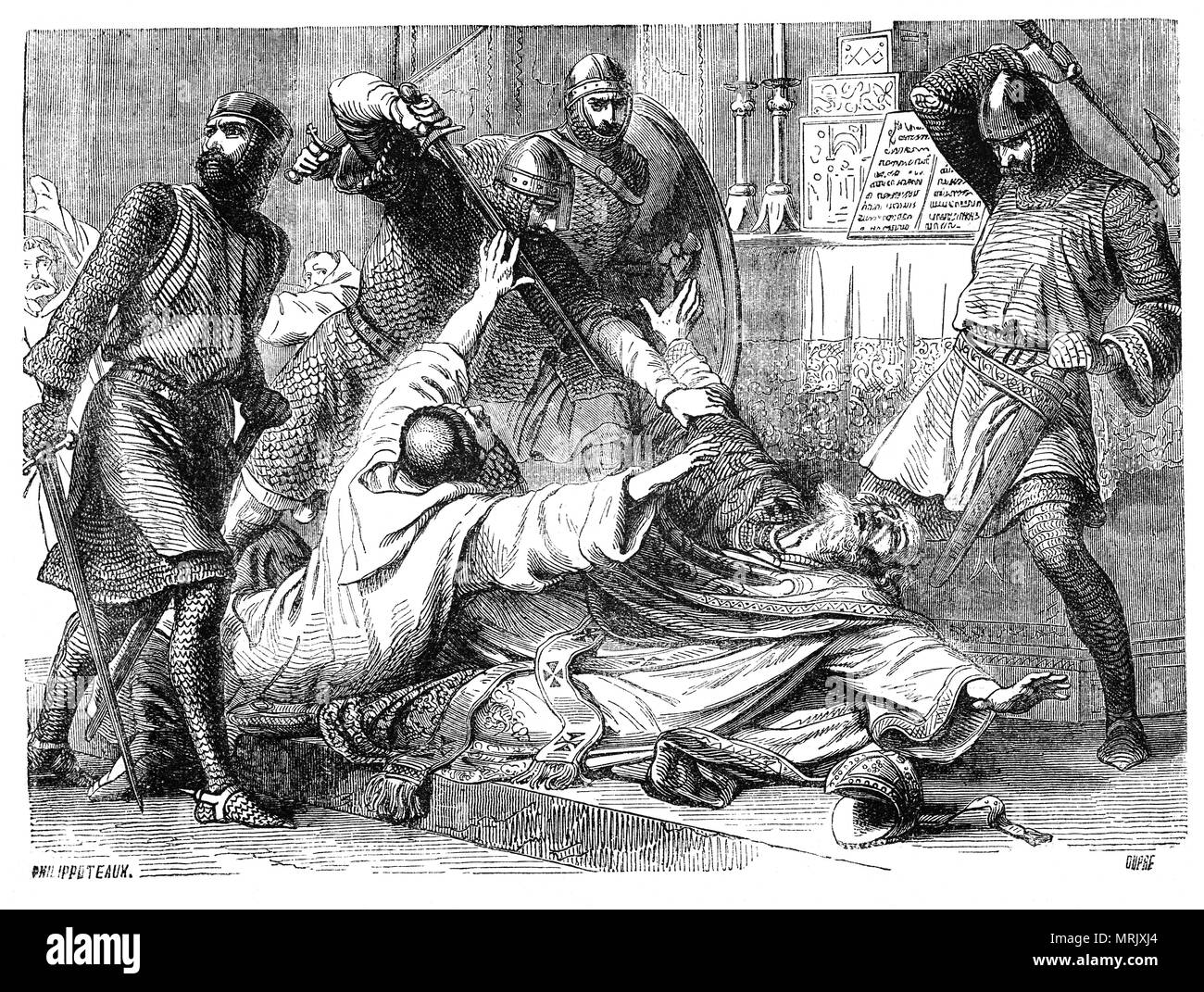Das überhebliche Verhalten von Thomas Becket, der Erzbischof von Canterbury zum König Heinrich II. von England führte zu Feindseligkeit, als der König die Worte "Niemand befreie mich von dieser turbulenten Priester?". Ihre Argumentation gipfelte mit der becket Mord wenn Ritter von Heinrich II. an der Canterbury kamen am Nachmittag des 29. Dezember 1170 und sofort gesucht Thomas Becket. Der Erzbischof floh in die Kathedrale, wo ein Service im Gange war. Die Ritter fand ihn am Altar, zogen sie ihre Schwerter und begann hacking an ihre Opfer schließlich teilen ihm den Schädel. Stockfoto