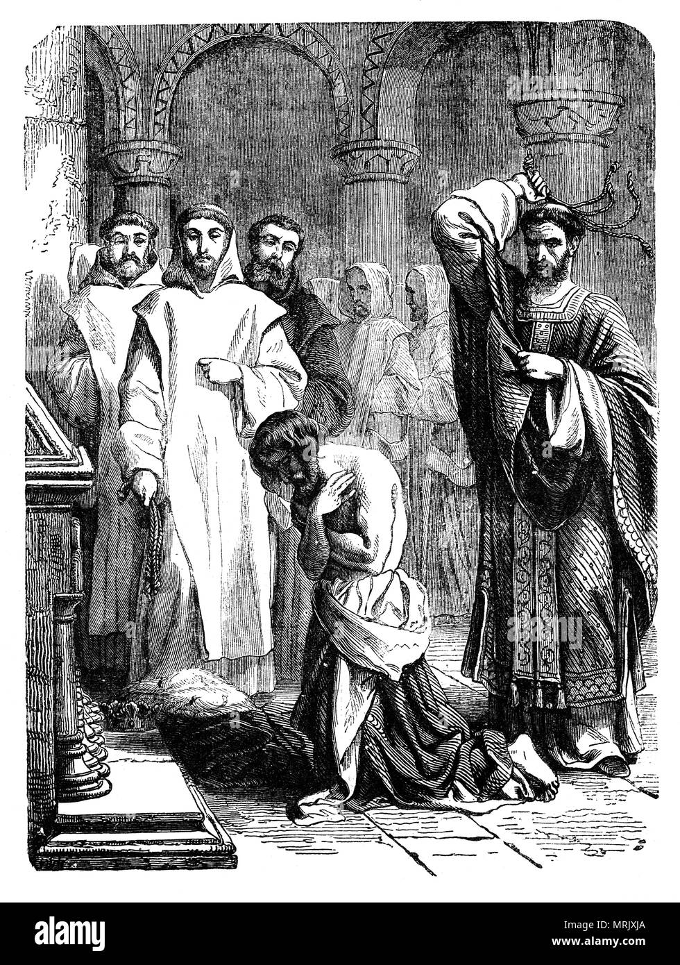 Nach der Ermordung von Thomas Becket von Ritter von Heinrich II. an der Canterbury am Nachmittag des 29. Dezember 1170, der König durchgeführt ein öffentlicher Akt der Buße am 12. Juli 1174 in Canterbury, wenn er öffentlich seine Sünden bekannt und dann erlaubt jedem Bischof, einschließlich Foliot, ihm fünf Schläge von einer Stange zu geben, dann wird jedes der 80 Mönche von Canterbury Kathedrale gab dem König drei Schlägen. Der König bot dann Geschenke an die Becket Schreins und verbrachte eine Mahnwache an der Becket Grab. Stockfoto