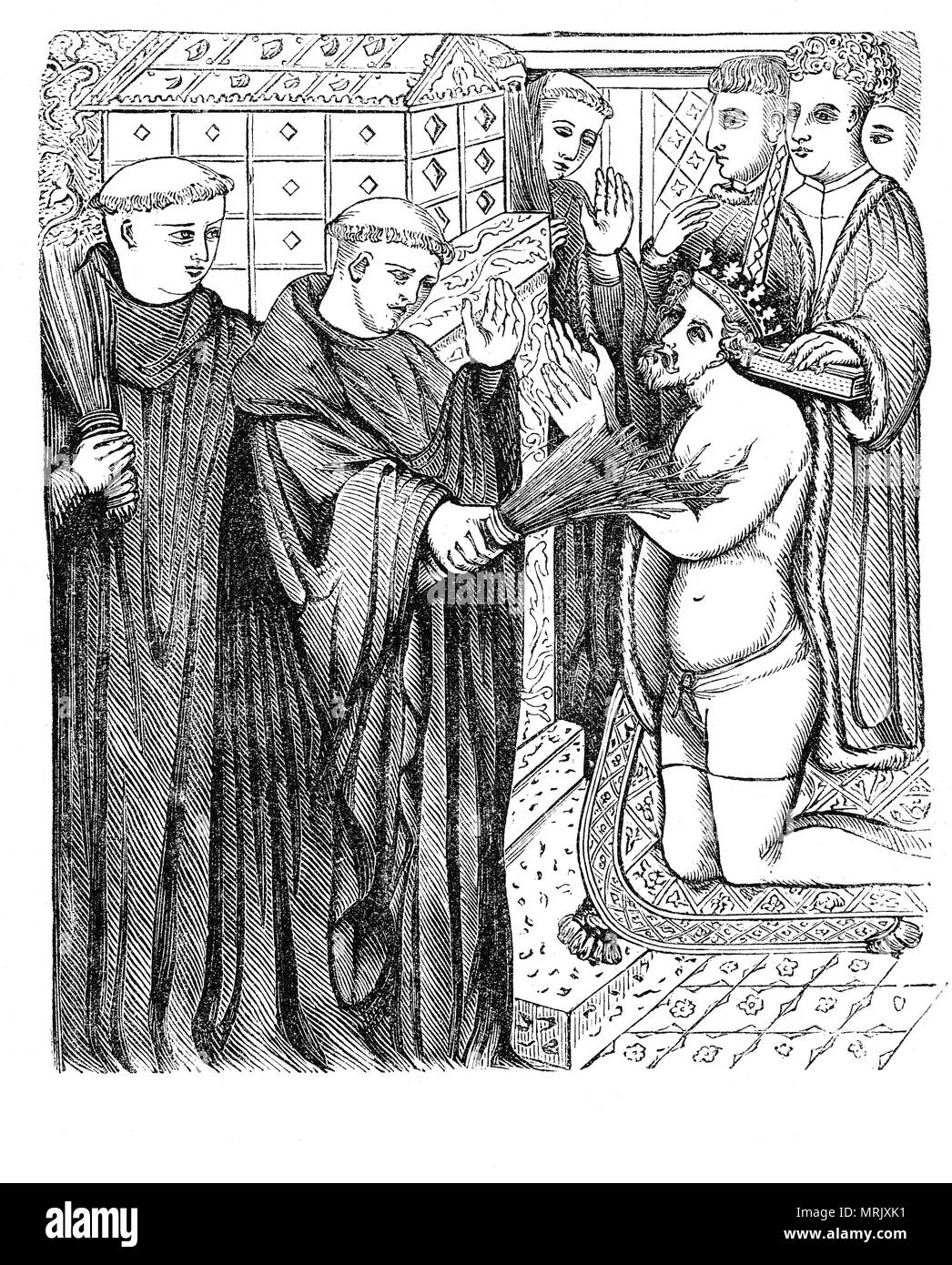 Nach der Ermordung von Thomas Becket von Ritter von Heinrich II. an der Canterbury am Nachmittag des 29. Dezember 1170, der König durchgeführt ein öffentlicher Akt der Buße am 12. Juli 1174 in Canterbury, wenn er öffentlich seine Sünden bekannt und dann erlaubt jedem Bischof, einschließlich Foliot, ihm fünf Schläge von einer Stange zu geben, dann wird jedes der 80 Mönche von Canterbury Kathedrale gab dem König drei Schlägen. Der König bot dann Geschenke an die Becket Schreins und verbrachte eine Mahnwache an der Becket Grab. Stockfoto