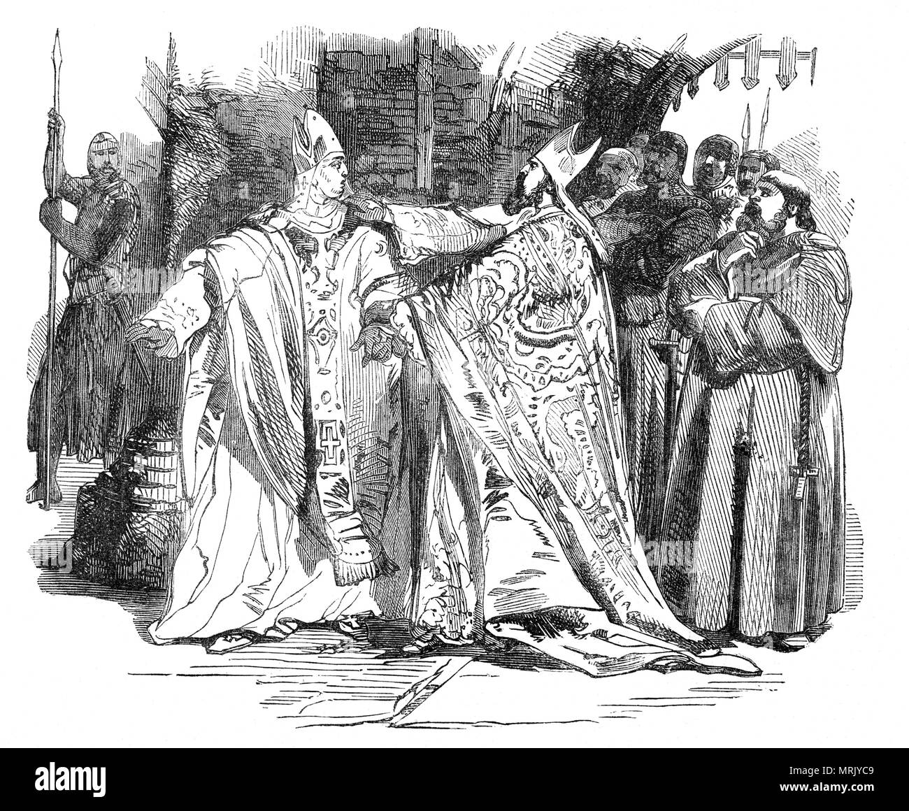 William de Longchamp, mittelalterliche Herr Bundeskanzler, Chief Justiciar, und Bischof von Ely in England verhaften Hugh de Puiset aka Hugh Pudsey, einem mittelalterlichen, Bischof von Durham und Chief Justiciar von England unter König Richard I. Longchamp und Puiset waren nicht in der Lage, zusammen zu arbeiten und so im März 1190 Richard gab Behörde nördlich des Flusses Humber zu Hugh und Autorität südlich des Flusses zu Longchamp, aber die Meinungen sind geteilt, ob Richard ausdrücklich Longchamp überlegen Puiset zu dieser Zeit, oder wenn in der Theorie die beiden sollten zur Zusammenarbeit in ihren jeweiligen Zuständigkeitsbereichen gleich. Stockfoto