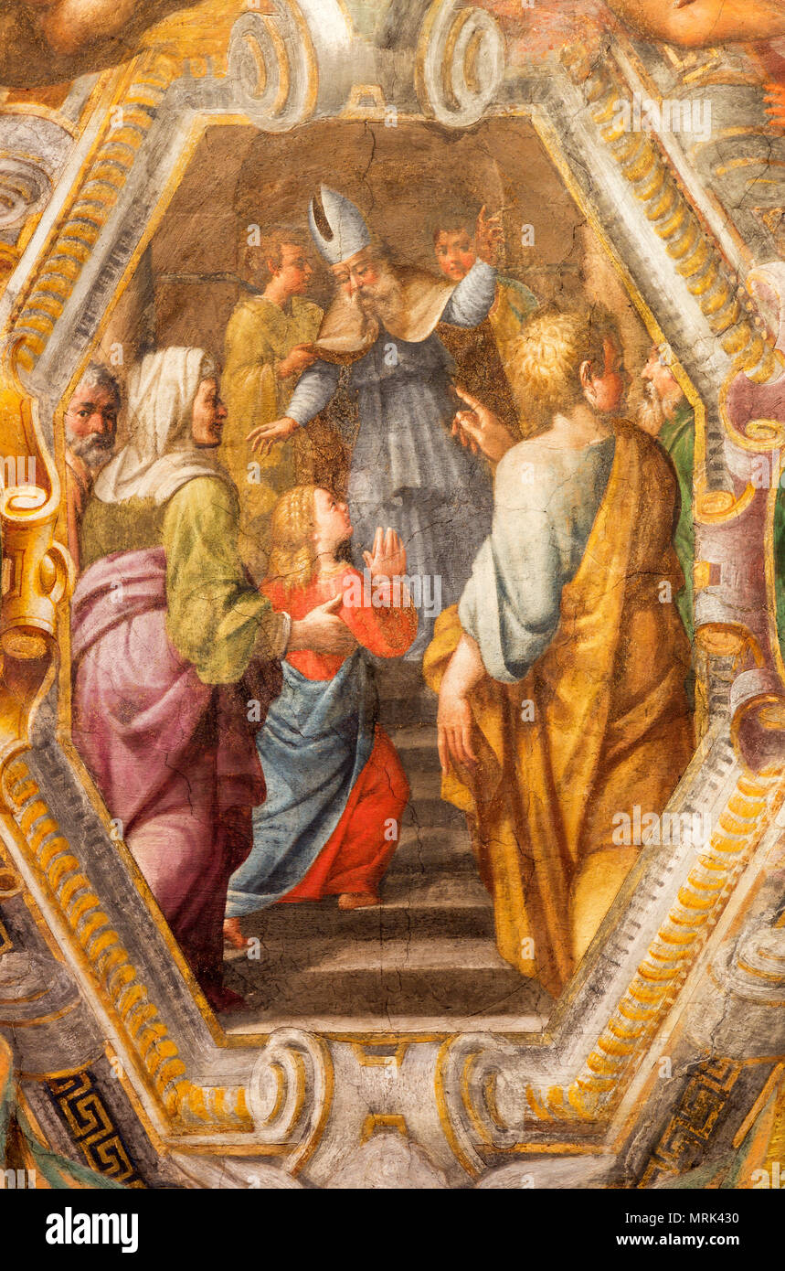 PARMA, Italien - 17 April, 2018: Das Fresko der Darstellung der Jungfrau Maria im Tempel auf der Decke der Kirche Chiesa di Santa Maria degli Angeli Stockfoto