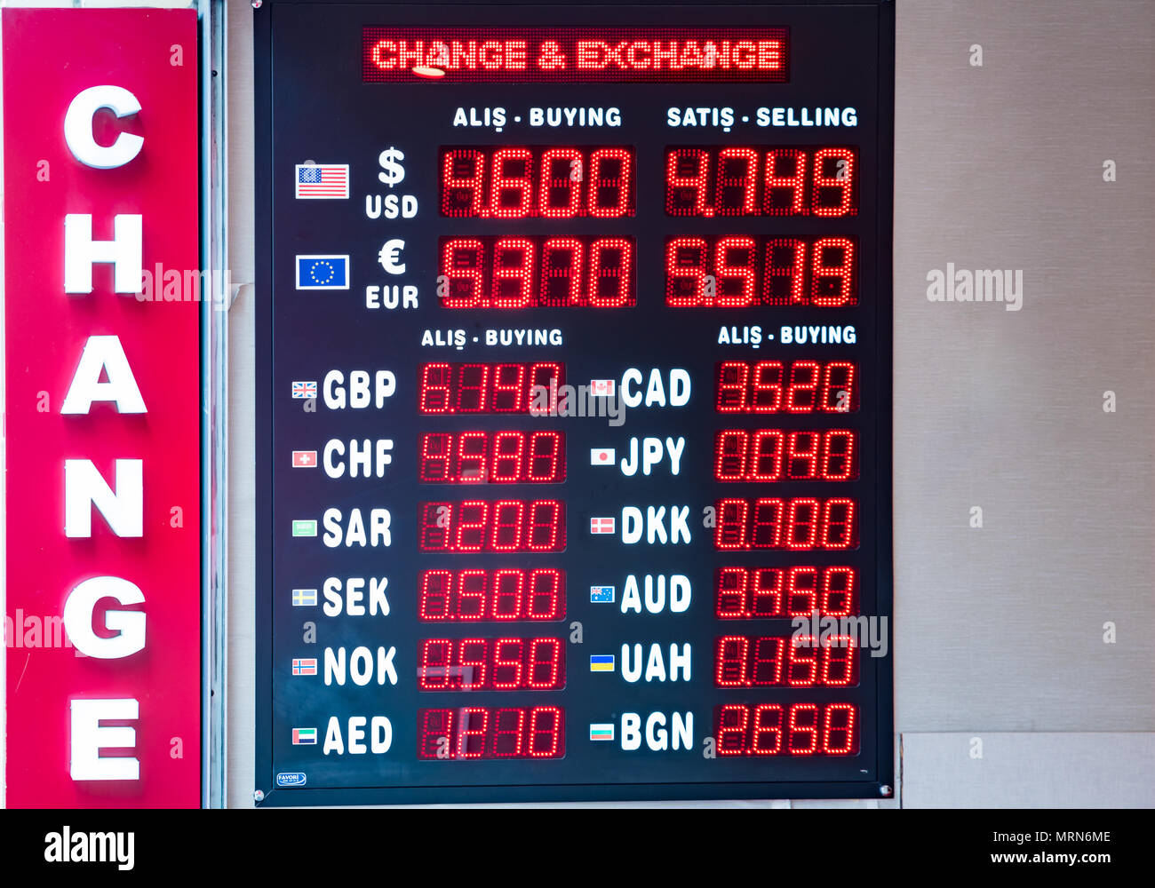Türkische Lira Wechselkurse wird auf ein digitales LED-Display Board in Istanbul, Türkei, Stockfoto