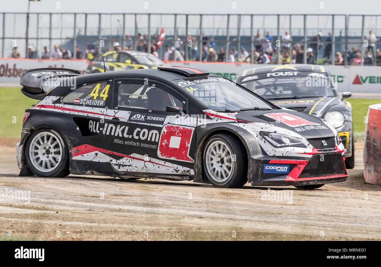 27. Mai 2018, Silverstone, Towcester, England; Cooper reifen Welt RX von Großbritannien, die SpeedMachine Festival; Timo Scheider (AUT) im Seat Ibiza für alle inkl. dot com Münnich Motorsport GER bei der Qualifizierung 4 von Amerika Rallycross Meisterschaft Stockfoto