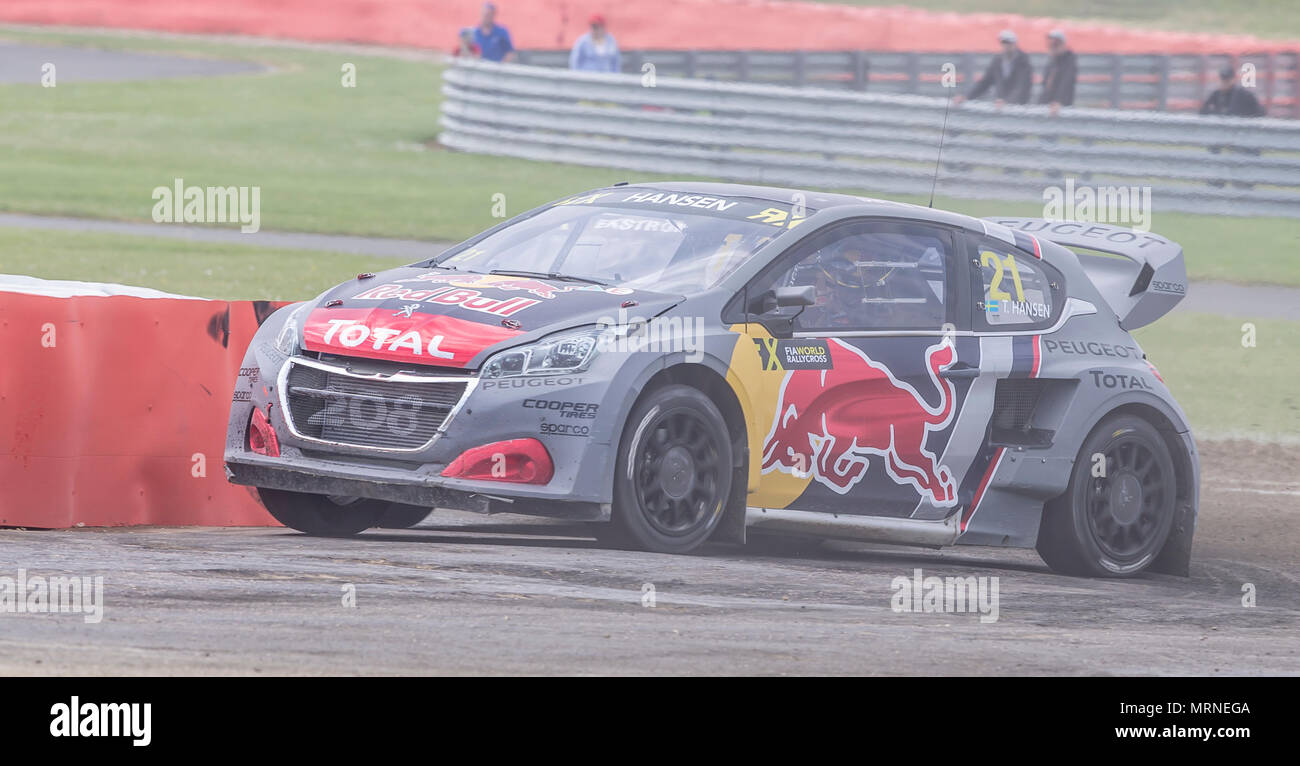 27. Mai 2018, Silverstone, Towcester, England; Cooper reifen Welt RX von Großbritannien, die SpeedMachine Festival; Timmy Hansen (SWE) im Peugeot 208 WRX für Team Peugeot Total bei der Qualifizierung 3 der Welt Rallycross Meisterschaft Stockfoto