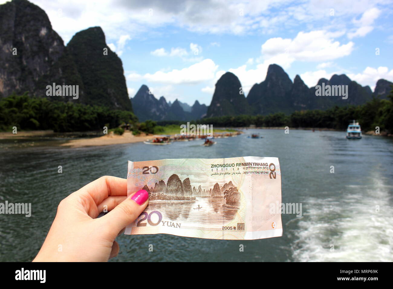 Li Fluss Landschaft in Guilin, Yangshuo auf 20 RMB Yuan Bank Note Stockfoto