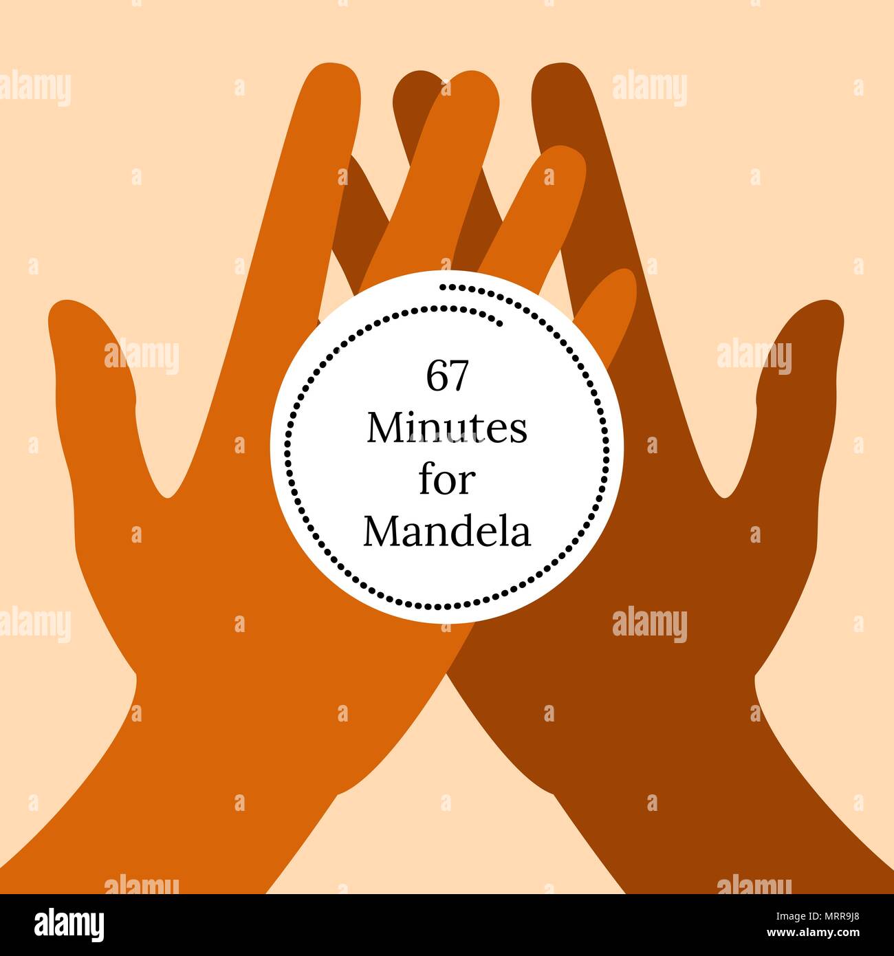 Nelson Mandela Internationaler Tag. 18. Juli. Das Konzept einer politischen Urlaub. 67 Minuten für Mandela. Hände halten eine stilisierte Uhr. Stock Vektor