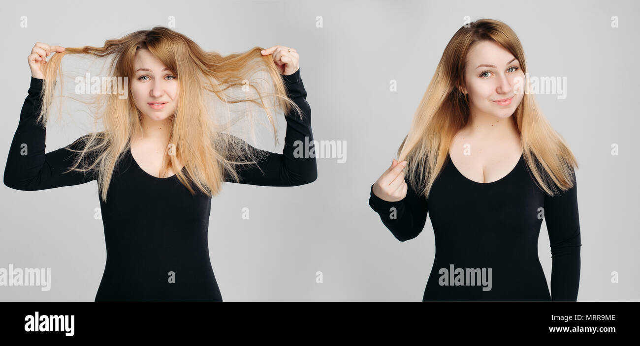Collage der Blondine mit Haar nach und vor Beauty Salon. Stockfoto