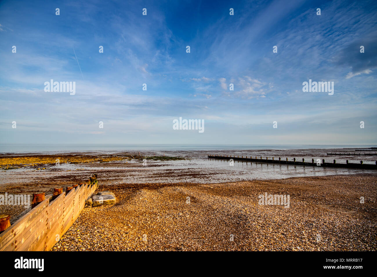 Buhnen bei Ebbe auf einen Kiesstrand in West Sussex, UK Stockfoto