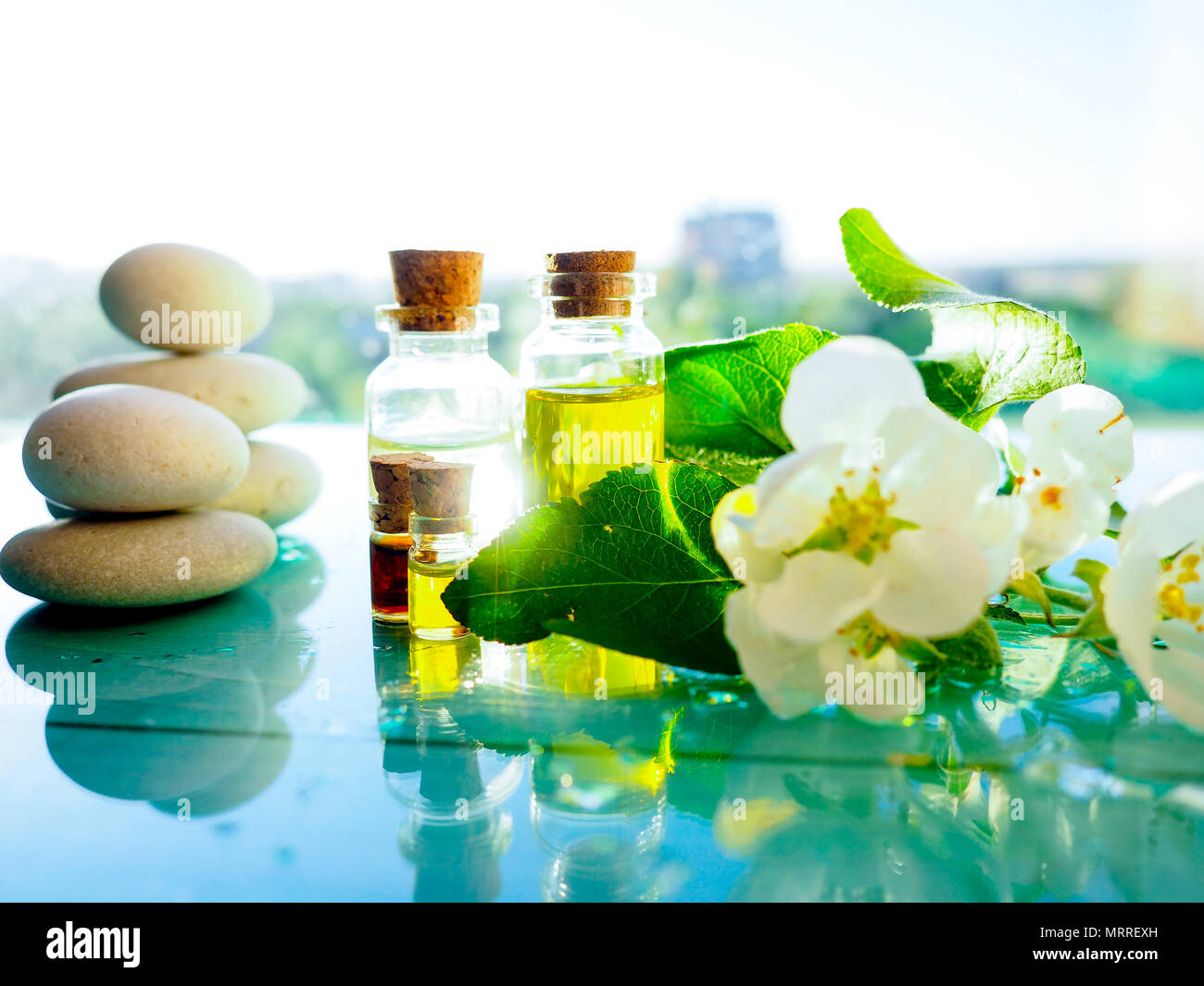 Wellness Aromatherapie - ätherische Öl Flaschen und lila Blumen  Stockfotografie - Alamy