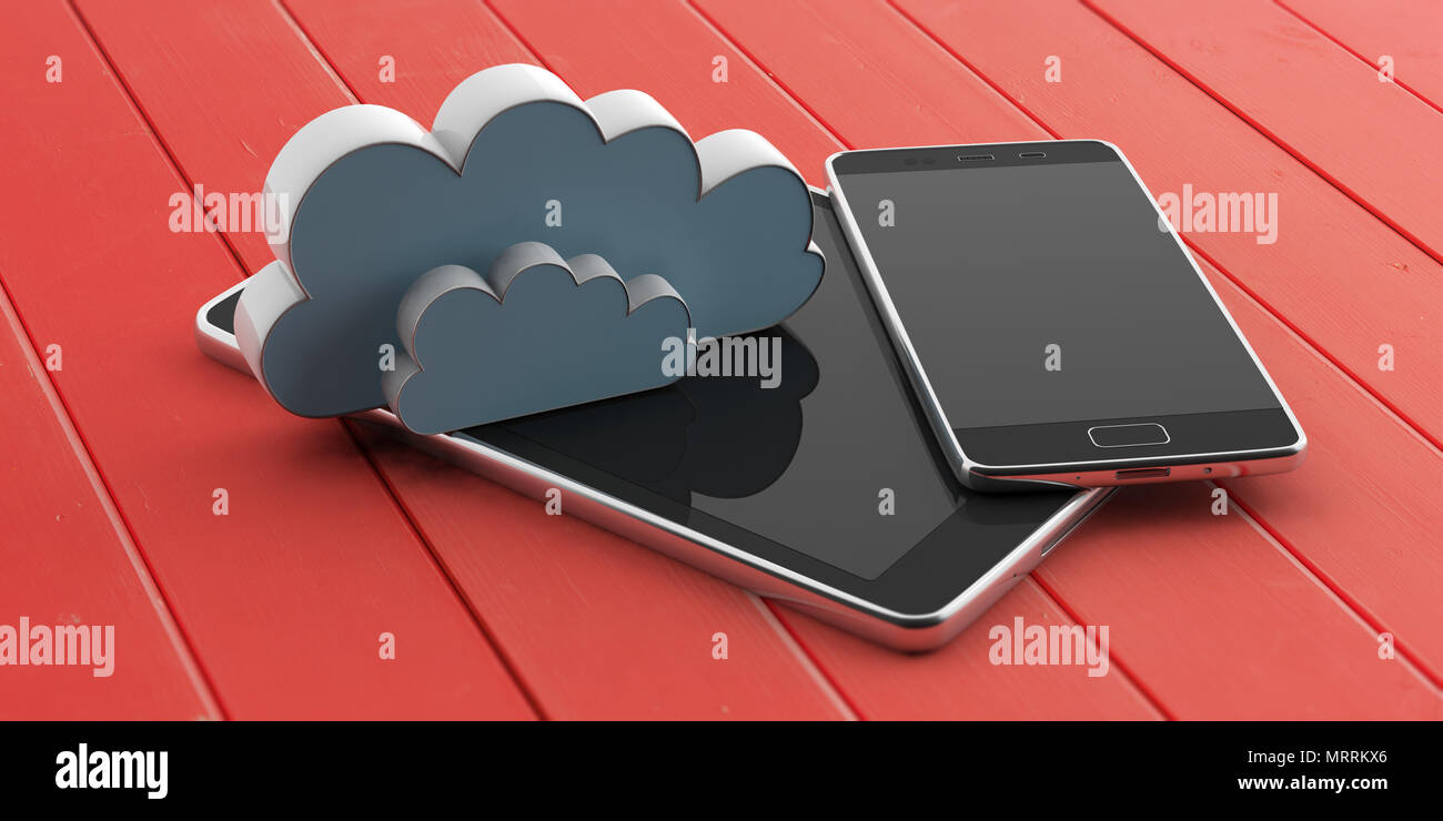 Cloud Storage. Handy und Tablet mit Leere schwarze Bildschirme und eine Wolke auf rotem Holz- Hintergrund. 3D-Darstellung Stockfoto