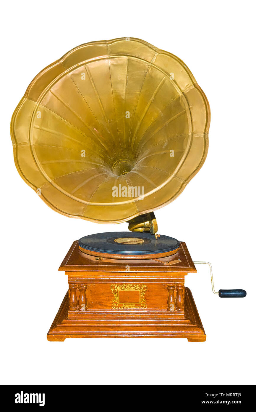 Vintage Gramophone: Alte retro Gramophone isoliert weißer Hintergrund mit Freistellungspfaden. Stockfoto