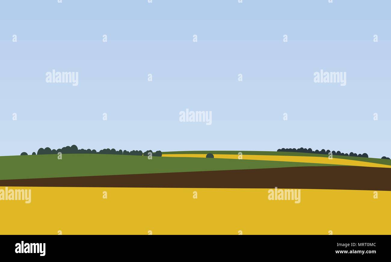 Bauernhof Landschaften mit grünen, braunen und gelben Felder mit Bäumen im Hintergrund, schöne ländliche Natur - Vector Illustration Stock Vektor