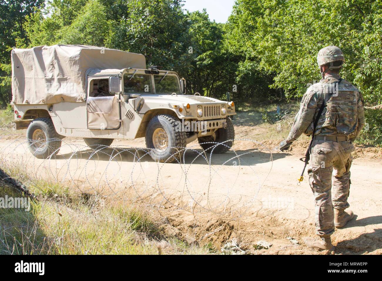 Spc. Johanes Cora, ein radfahrzeug Mechaniker mit B-Company, 277th Aviation Support Battalion, erlaubt ein Fahrzeug durch die Einlasskontrolle bei Novo Selo, Bulgarien, die am 7. Juli. Cora und zwei weitere Soldaten wurden die Gewährleistung der Sicherheit der innerhalb 10 Combat Aviation Brigade Einsatzgebiet während der Übung Sabre Guardian 17. (U.S. Armee Foto von SPC. Thomas Scaggs) 170707-A-TZ 475-024 Stockfoto