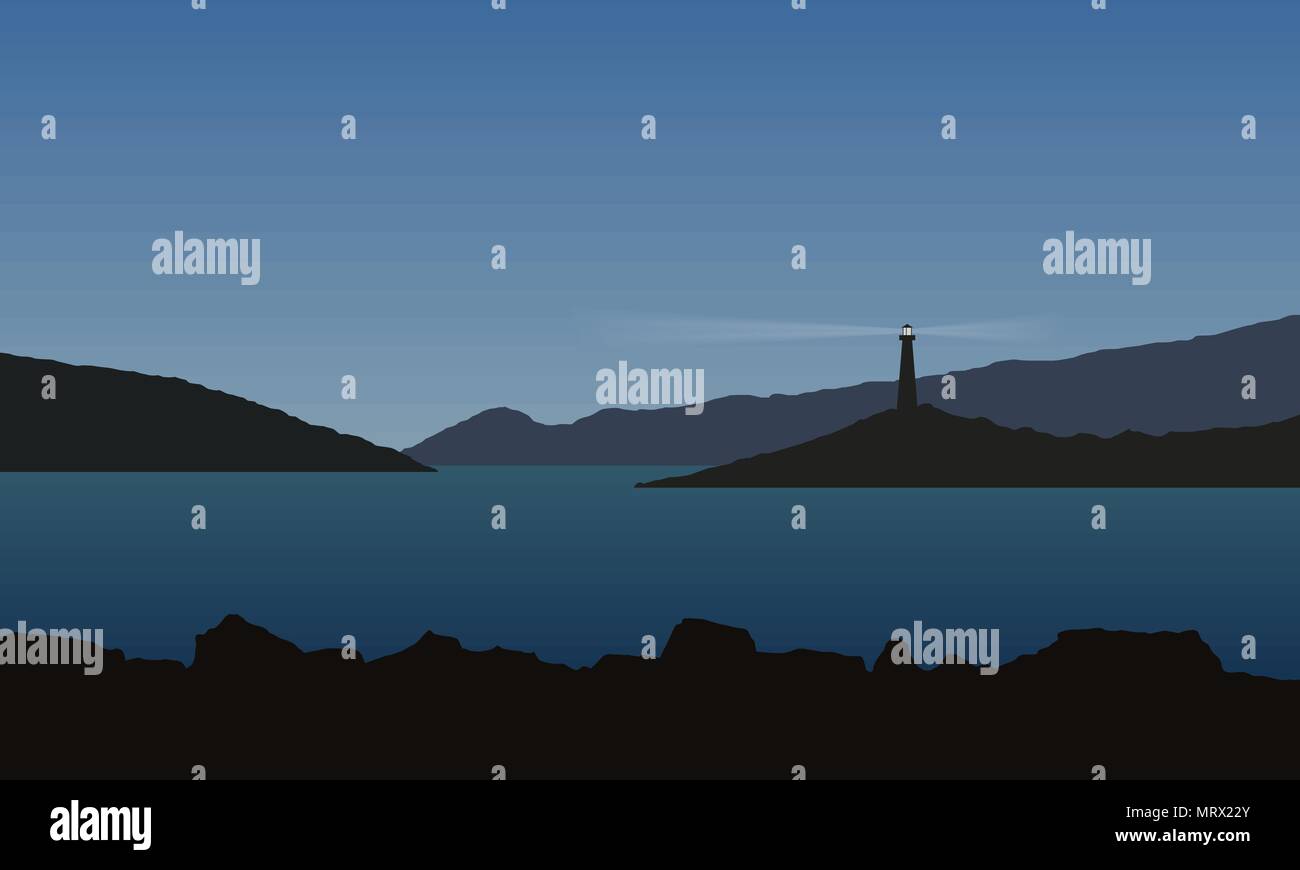 Meer mit Bay, Felsen und Leuchtturm, unter blauem Himmel - Vektor Stock Vektor