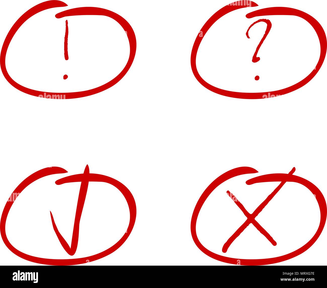 Markieren Sie eine rote Markierung. Tick und Kreuz, Ausrufezeichen und frage Symbol. Kreuz, prüfen, tick Skizze, Hand gezeichneten Fragezeichen und Ausrufezeichen. Vektor Stock Vektor