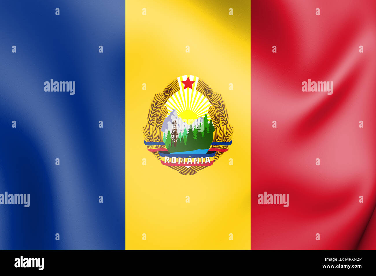 3D-Flagge Rumänien (1965-1989). 3D-Darstellung. Stockfoto
