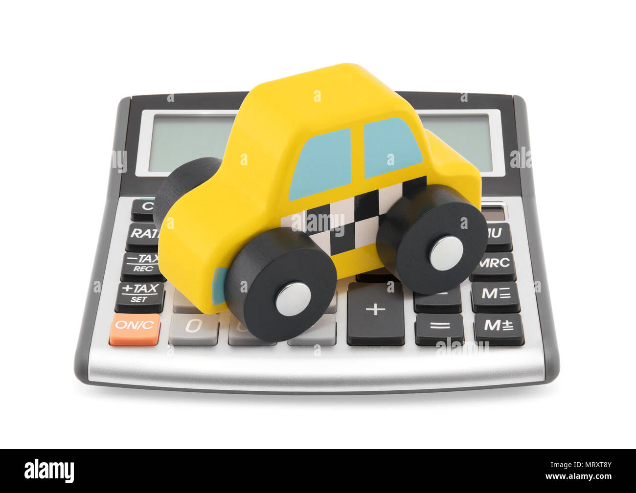 Taschenrechner und taxi Spielzeugauto Stockfoto