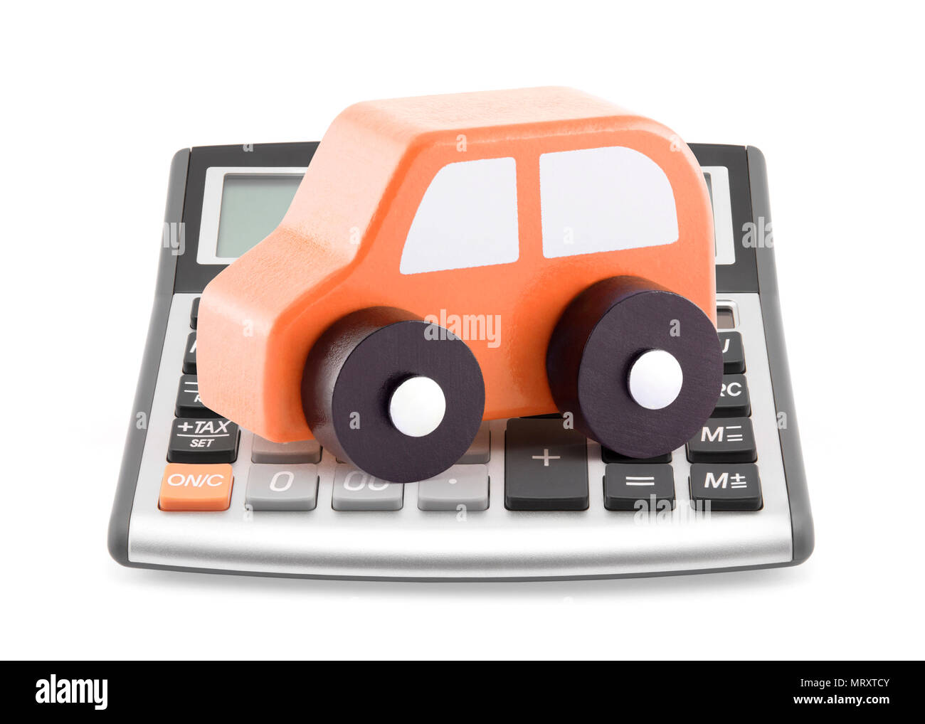 Taschenrechner und orange Spielzeugauto Stockfoto