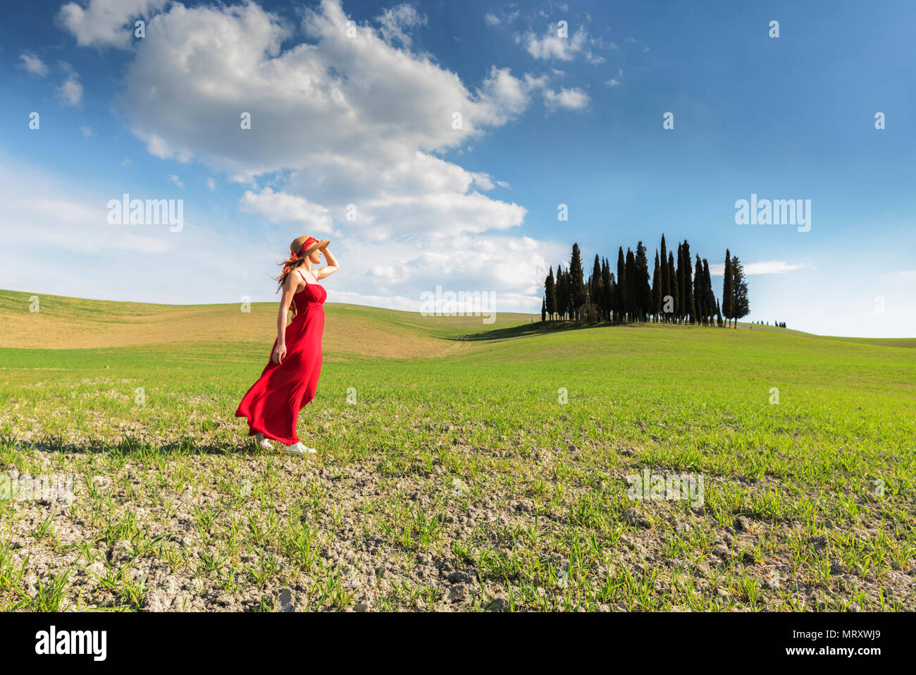 San Quirico d'Orcia, Val d'Orcia, Siena, Toskana, Italien. Eine junge Frau im roten Kleid bewundern Sie die Aussicht in einem Weizenfeld in der Nähe der Zypressen des Orcia va Stockfoto