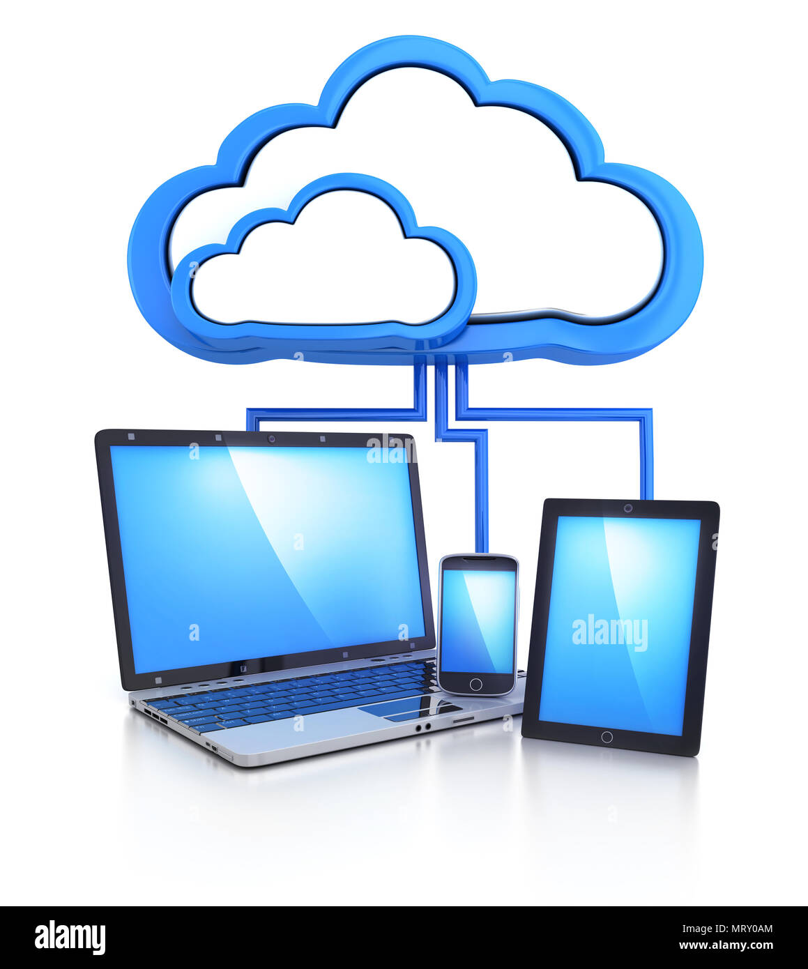 Laptop, Telefon, Pad und Cloud Storage an. 3D-Darstellung Stockfoto