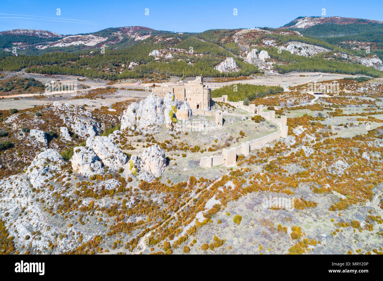 Luftaufnahme von Loarre Schloss. Agüero, Provinz Huesca, Aragón, Spanien, Europa Stockfoto