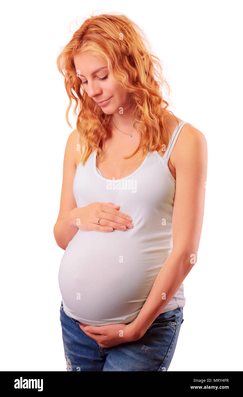 Schwangere Frau isoliert auf weiss Stockfoto