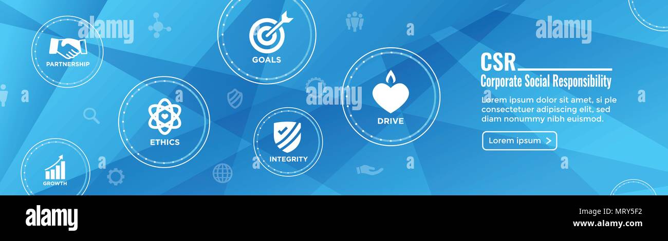 CSR - Corporate Social Responsibility Web Banner mit Icon Set mit Ehrlichkeit, Integrität, Zusammenarbeit, etc. Stock Vektor