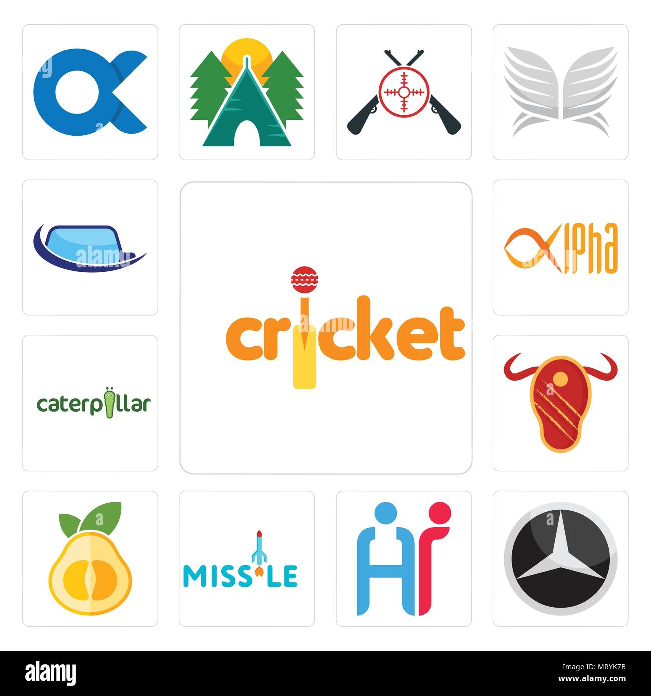 Satz von 13 Einfache editierbare Symbole wie Cricket, Mercedes, hr, Rakete, pomelo, Steak House, Caterpillar, alpha, auto Glas kann für mobile verwendet werden, wir Stock Vektor